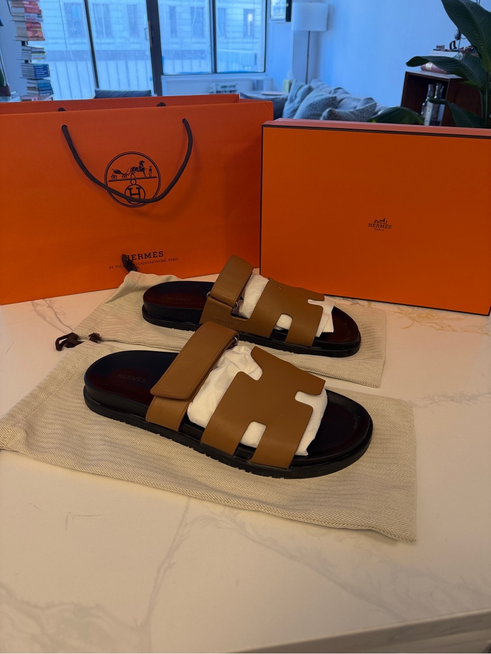 Hermes Men's Tan Leather 'Chypre' Slide Sandals